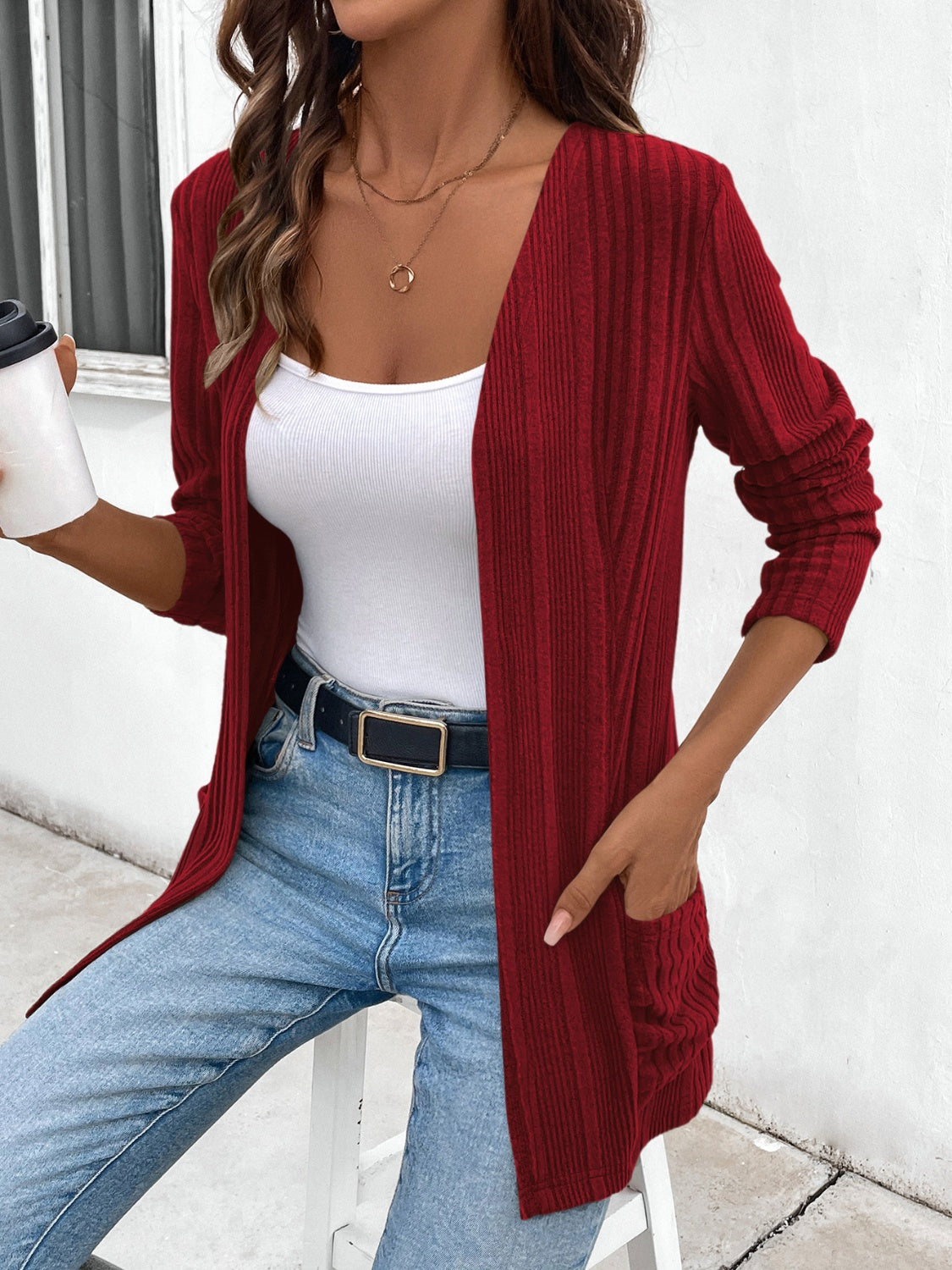 Open Front Long Sleeve Cardigan with Pockets
