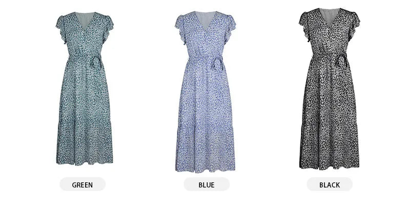 Summer Dresses Ruffle Cap Sleeve V Neck Belt Wrap Split Boho Floral Long Casual Party Beach Dress