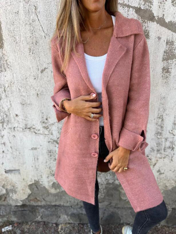 Apel Single Breasted Cardigan With Pockets Fashion Color Solid Mid-Length Outwear Coat Womens Clothing