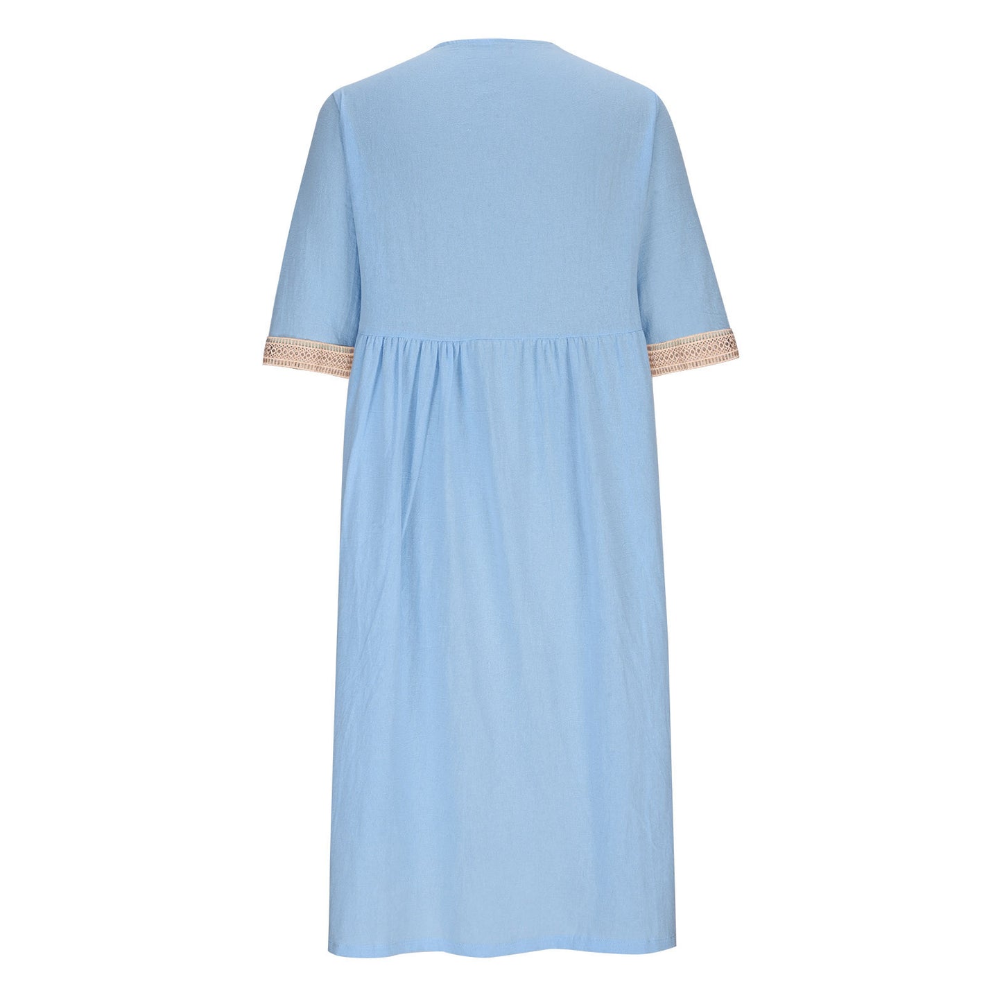 Cotton And Linen Lace Collar Half Sleeve Mid-length Dress