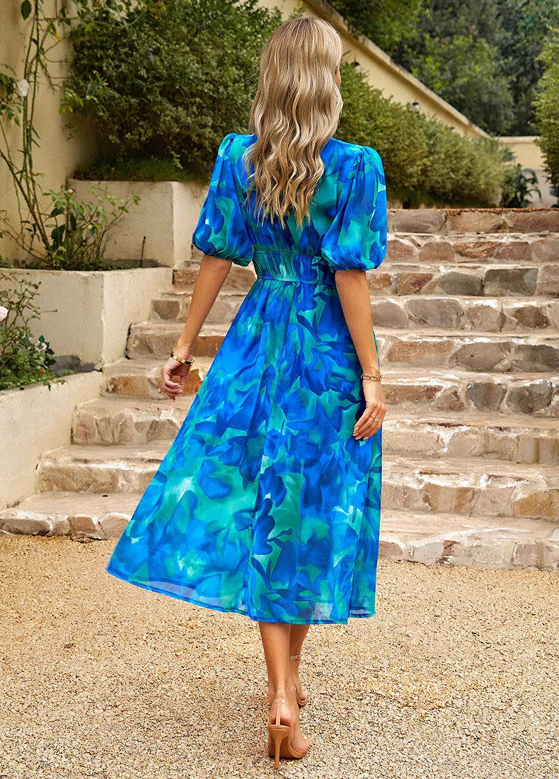 New V-neck Printed Short-sleeved Long Dress Summer Fashion Slim Seaside Vacation Beach Dresses For Women Clothing