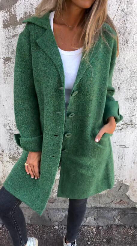 Apel Single Breasted Cardigan With Pockets Fashion Color Solid Mid-Length Outwear Coat Womens Clothing