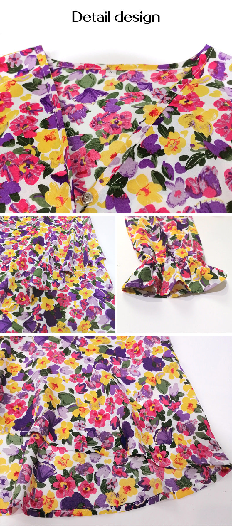 Flowers Print Long Sleeve Dress Fashion Ruffled Commuter Temperament Dresses Womens Clothing