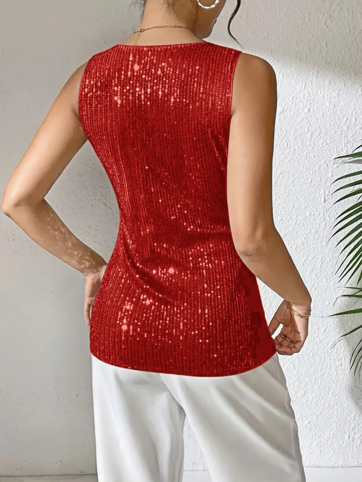 Sexy V-neck Loose Sequined T-shirt Outer Wear Inner Wear Women's Vest