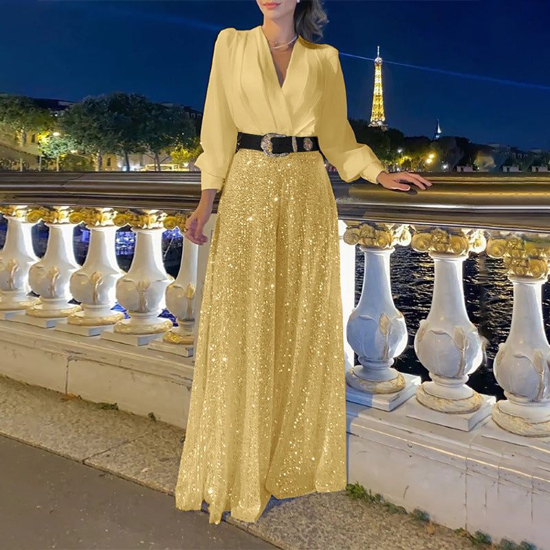 V-neck Elegant Waist Slimming Sequined Ladies