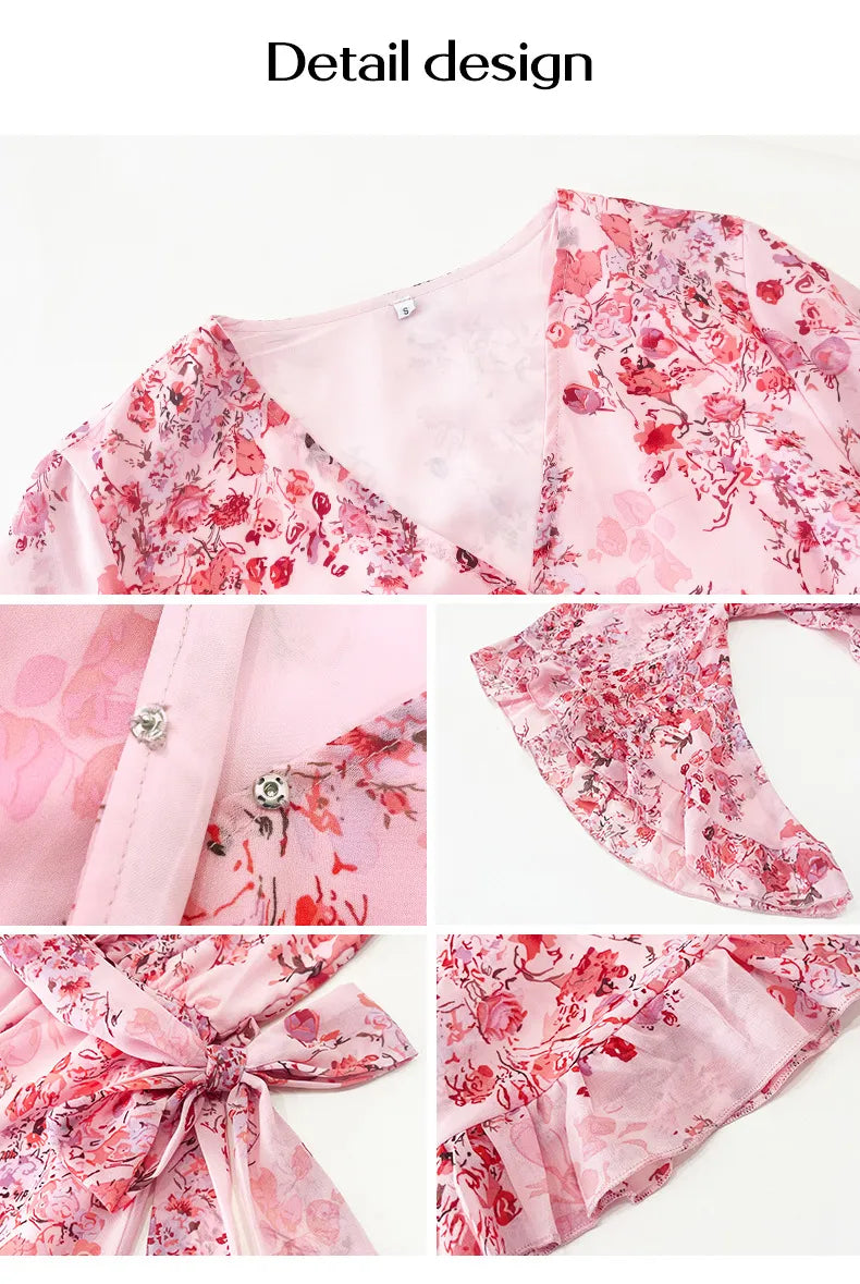 Summer Floral Print Short Sleeves Dress Lace Up Ruffles Design Fashion V-neck Short Dresses Womens Clothing