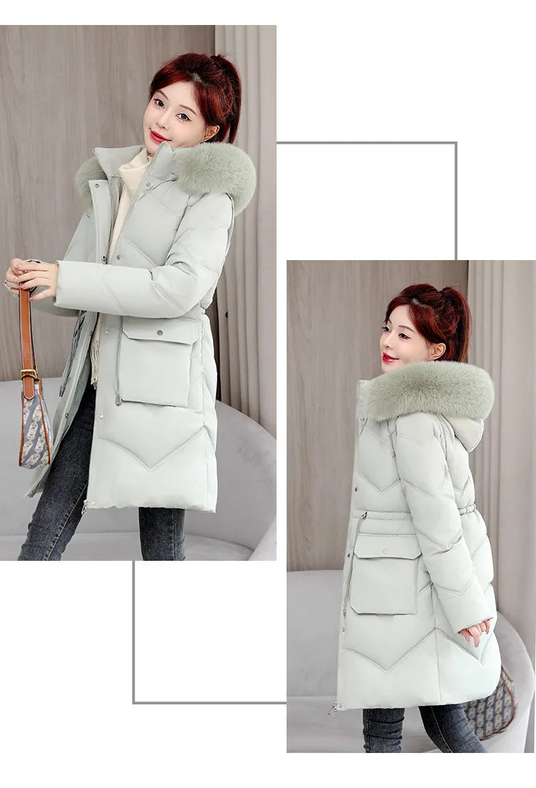 Women's Mid-length Big Fur Collar Hooded Cotton Vest Cotton-padded Jacket
