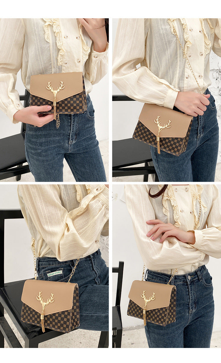 Tassel Deer Head Contrast Color Chain Small Square Leisure Phone Bag