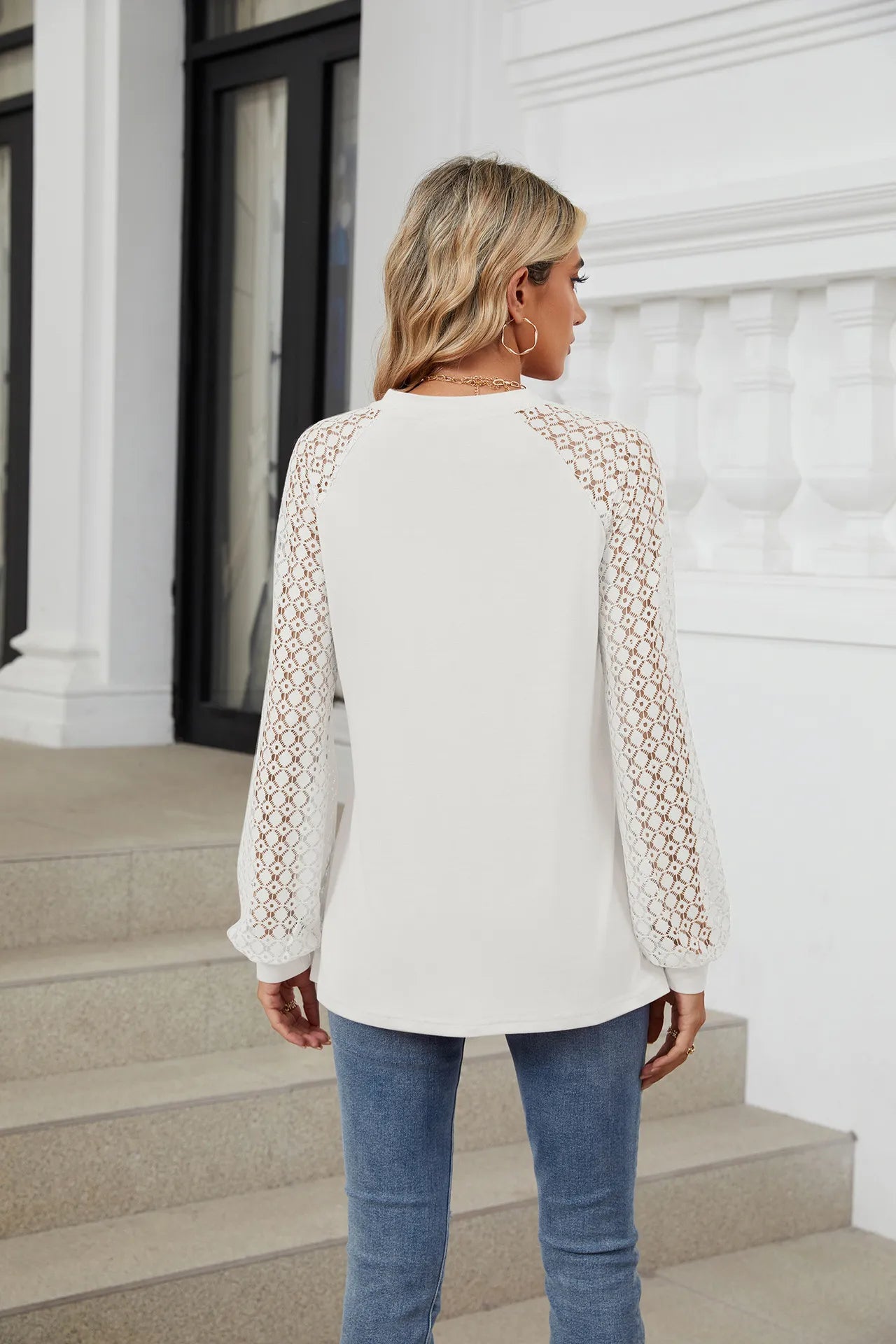 New Lace Long Sleeve Round Neck T-shirt Fashion Loose Solid Color Pullover Top For Womens Clothing