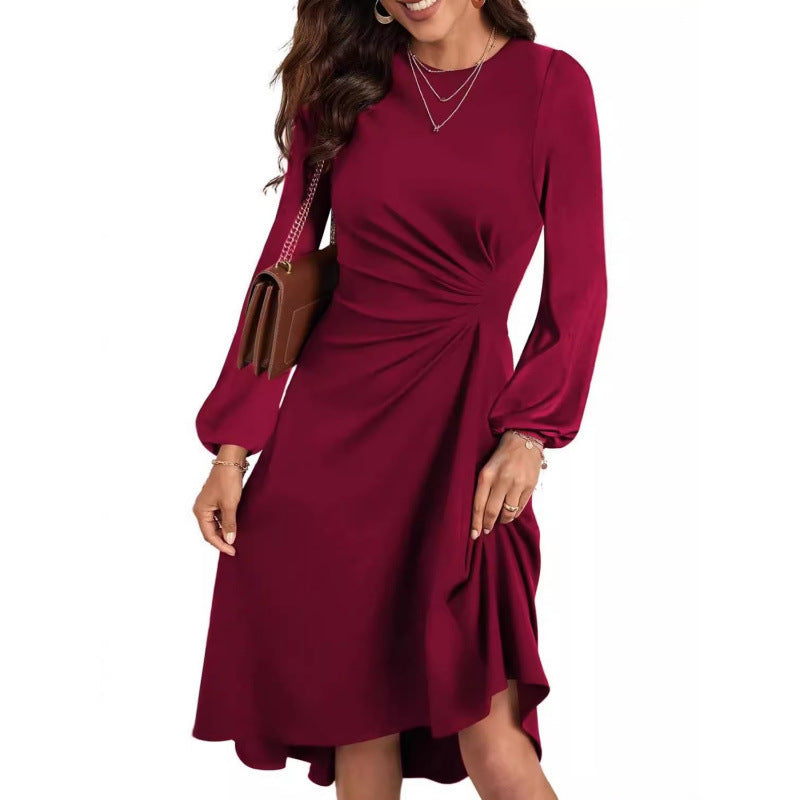 European And American Round Neck Pullover Fashion Long Sleeve Slim Fit Slit Dress