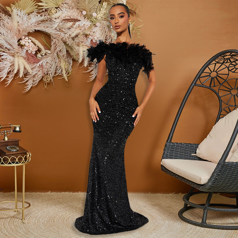 Feather Stitching Sequin Sexy Evening Dress Women