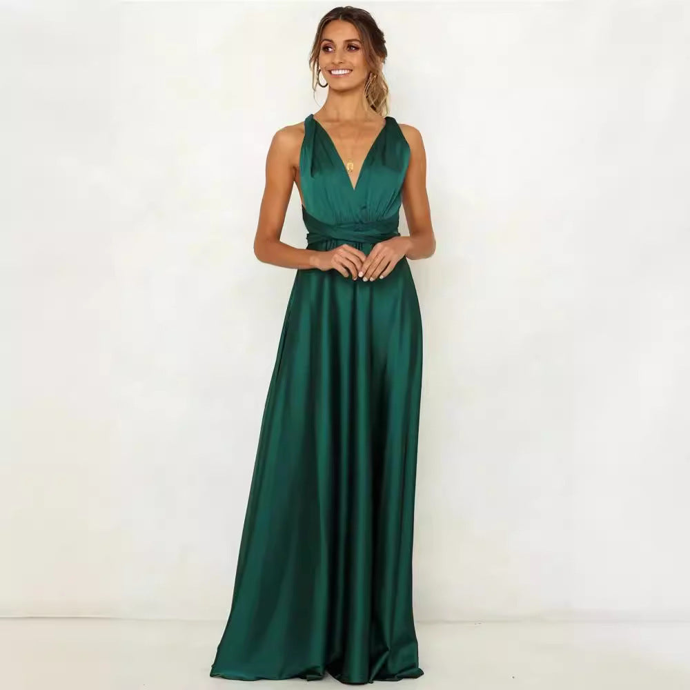 Deep V-neck Sleeveless Lace-up Sexy Backless High Waist Large Swing Satin Dress
