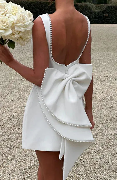 Fashion Big-Bowed Pearls Backless Dress Summer Slim Sleeveless A-line Dresses For Party Evening Women's Clothing