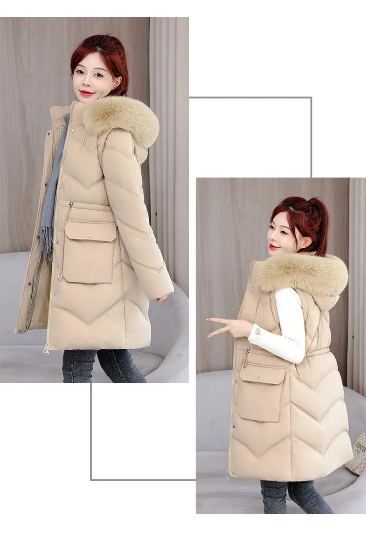 Women's Mid-length Big Fur Collar Hooded Cotton Vest Cotton-padded Jacket