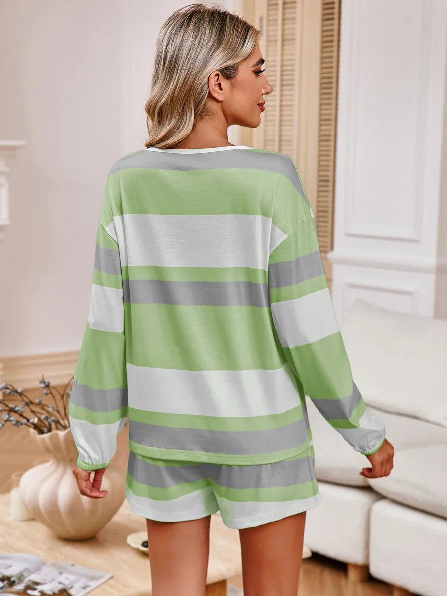 Women's Long Sleeve Striped Top Shorts Casual Suit Pajamas