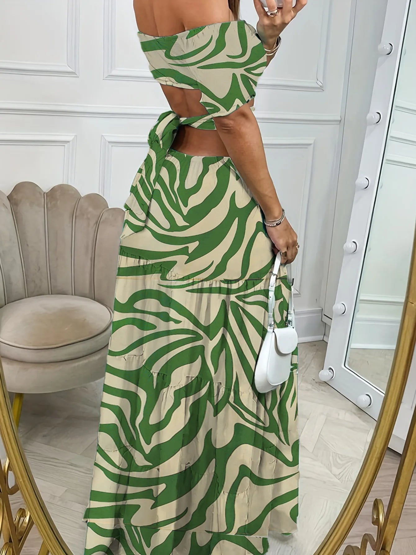 Printed One-line Collar Short-sleeved Long Dress With Hollow Waist Design Summer Vacation Dresses For Women Clothing