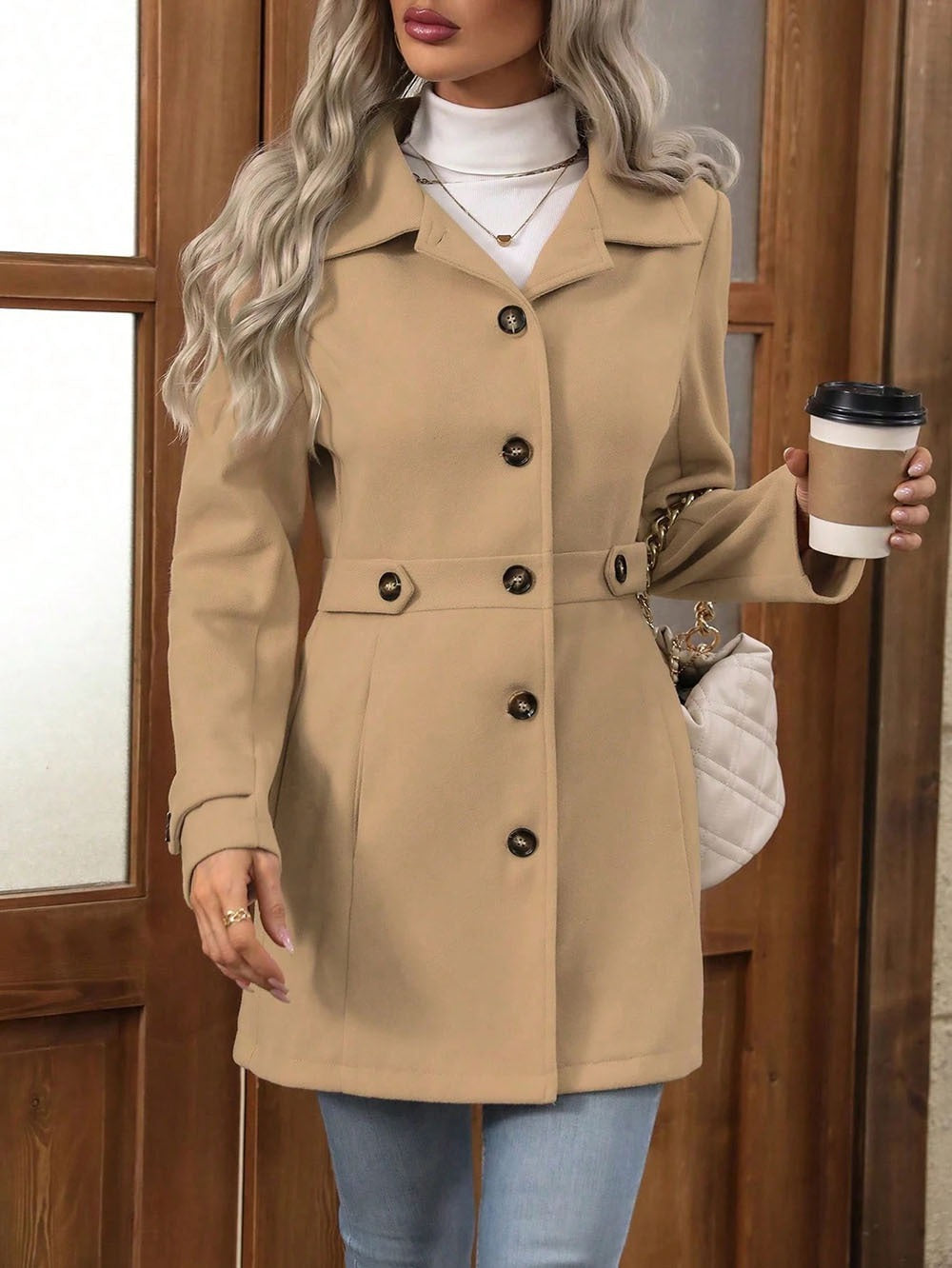 Mid-length Elegant Lapel Button Temperament Slim-fit Woolen Coat