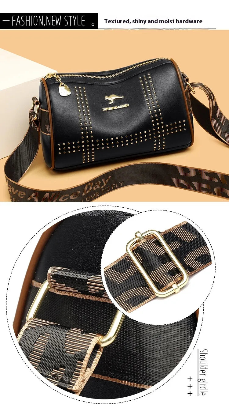 Color Contrast Patchwork Rivet Crossbody Soft Leather Shoulder Bag
