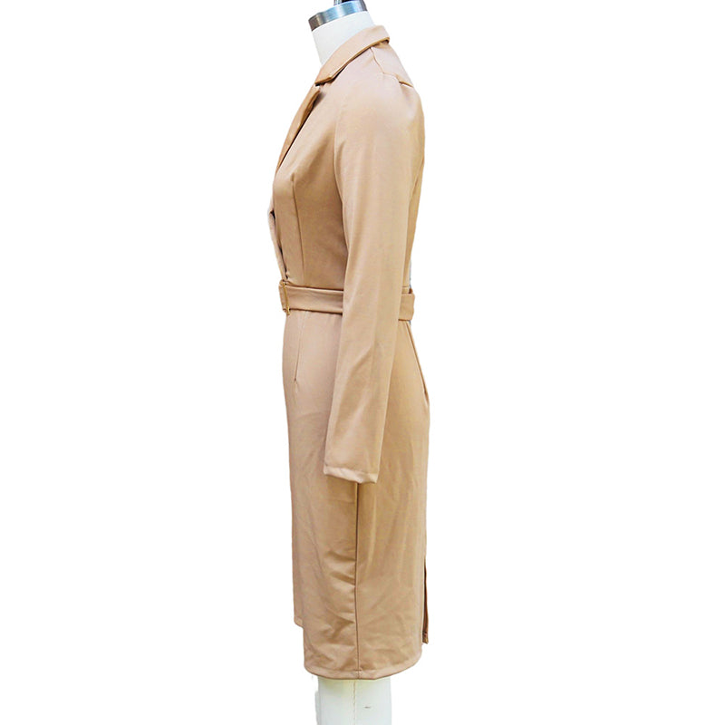 Women's Solid Color Blazer V-Neck Dress With Belt & Hem Slit - Slim Fit Formal Midi Dress For Spring&Fall