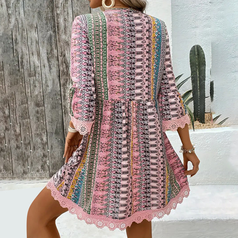 Women's Boho Print Mini Dress V-Neck 3 4 Sleeve Flowy Casual Summer Beach Sundress-FREE USA SHIPPING