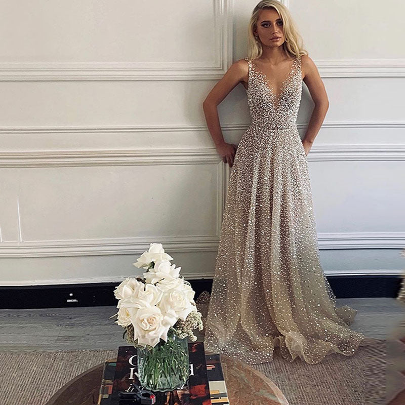 European And American Gold V-neck Dress Sling
