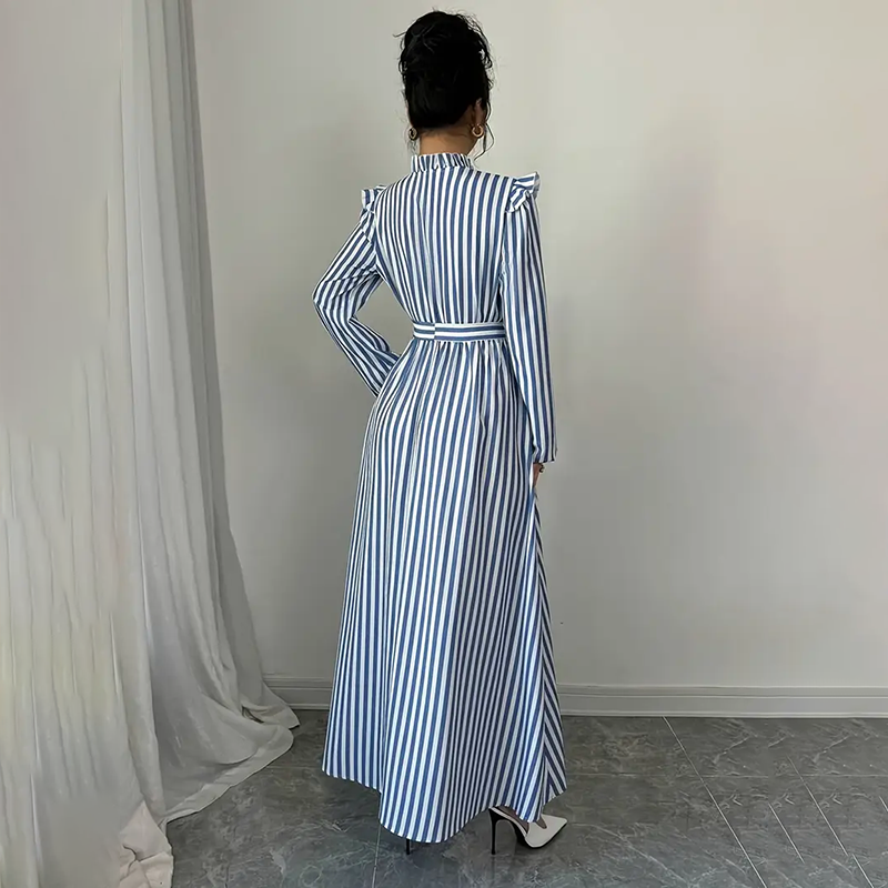 Women's Floral Print Long Sleeve Stand Collar A-Line Maxi Dress - Free USA Shipping