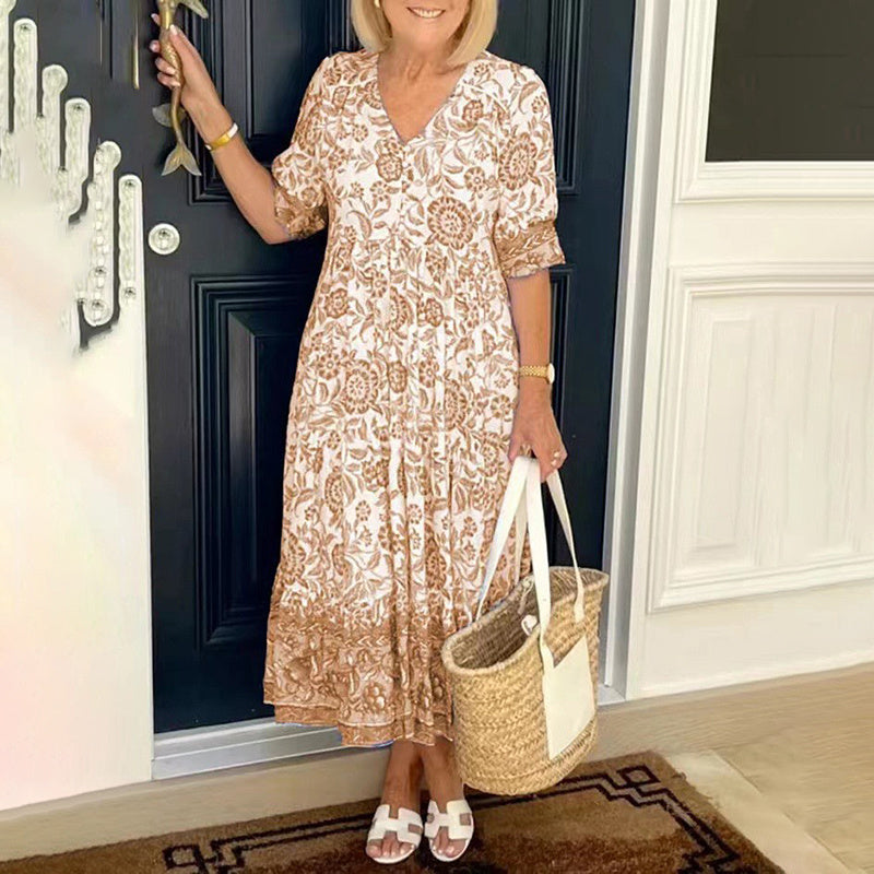 Women's Plus Size V-Neck Floral Print Dress - Loose Fit Casual Spring Summer Dress - Free USA Shipping