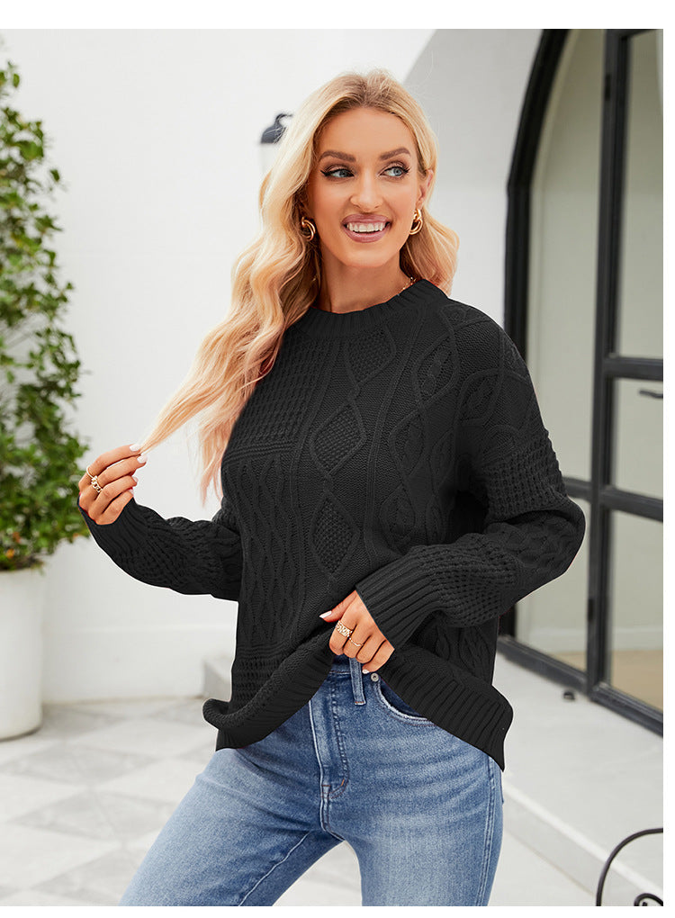 Casual Round-neck Pullover Sweater Fall Winter Solid Color Cable-knot Pattern Tops Women Clothing