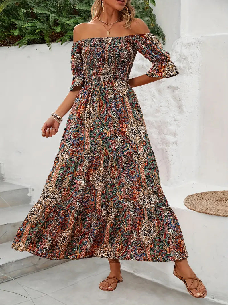 Vacation Style Off-shoulder Princess Sleeves Dress