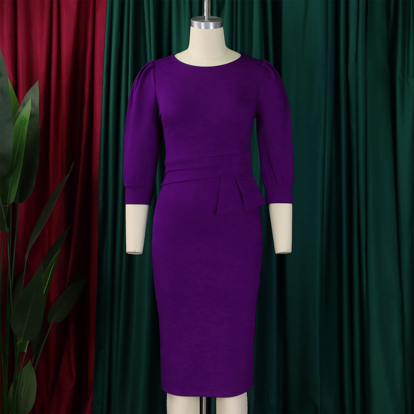 Women's Bodycon Pencil Dress Round Neck 3 /4 th Sleeve Peplum Office Dress - Free USA Shipping