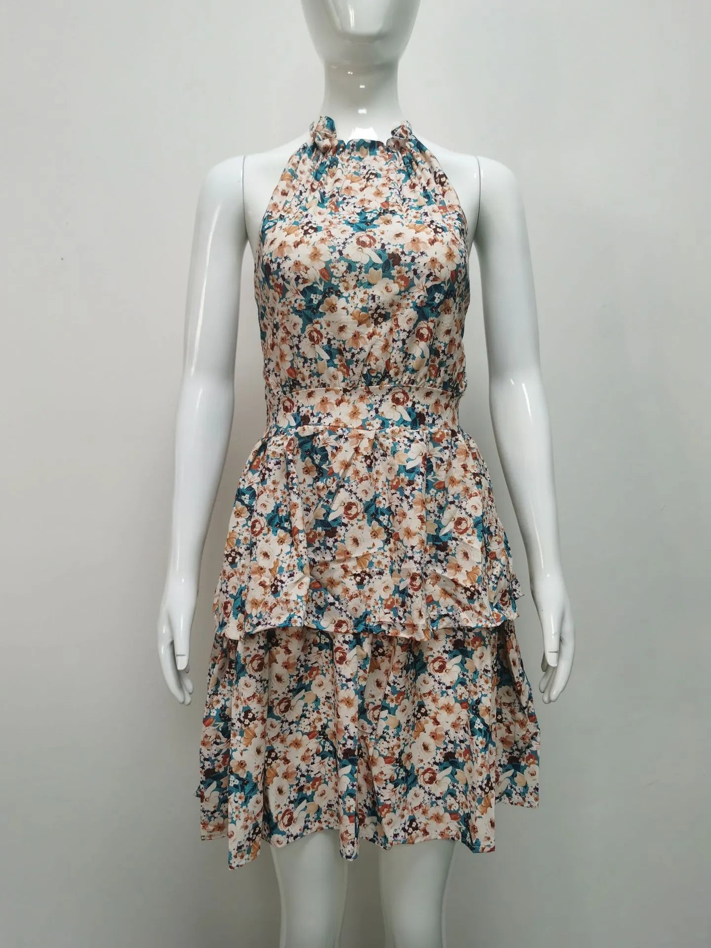 Summer Printed Halter Dress Fashion Boho Backless Ruffled A-Line Beach Dresses For Womens Clothing