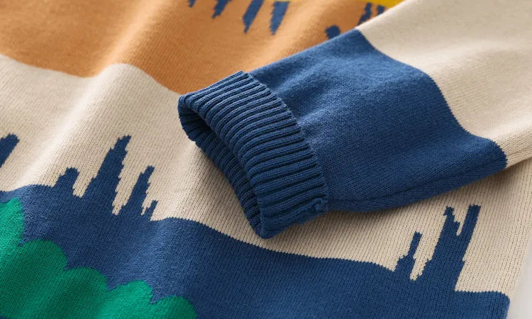 Abstract Cartoon Jacquard Double Layer Sweater For Boys