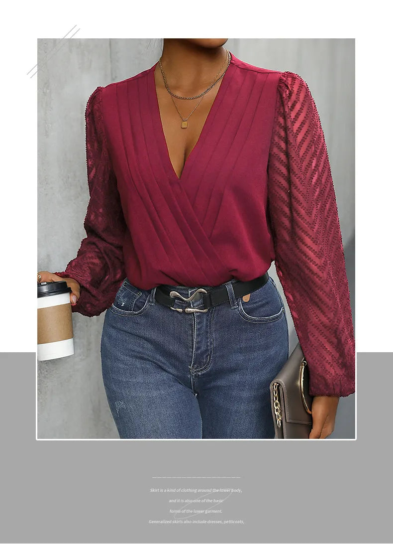 All-matching Solid Color And V-neck Pleated Lace See-through Long-sleeved Top