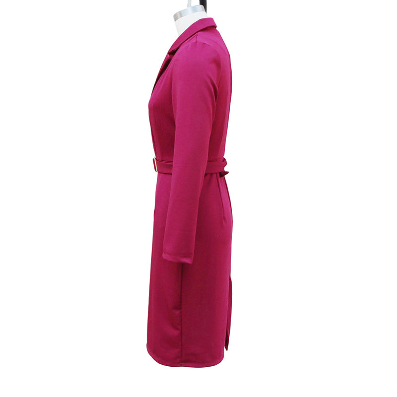 Women's Solid Color Blazer V-Neck Dress With Belt & Hem Slit - Slim Fit Formal Midi Dress For Spring&Fall