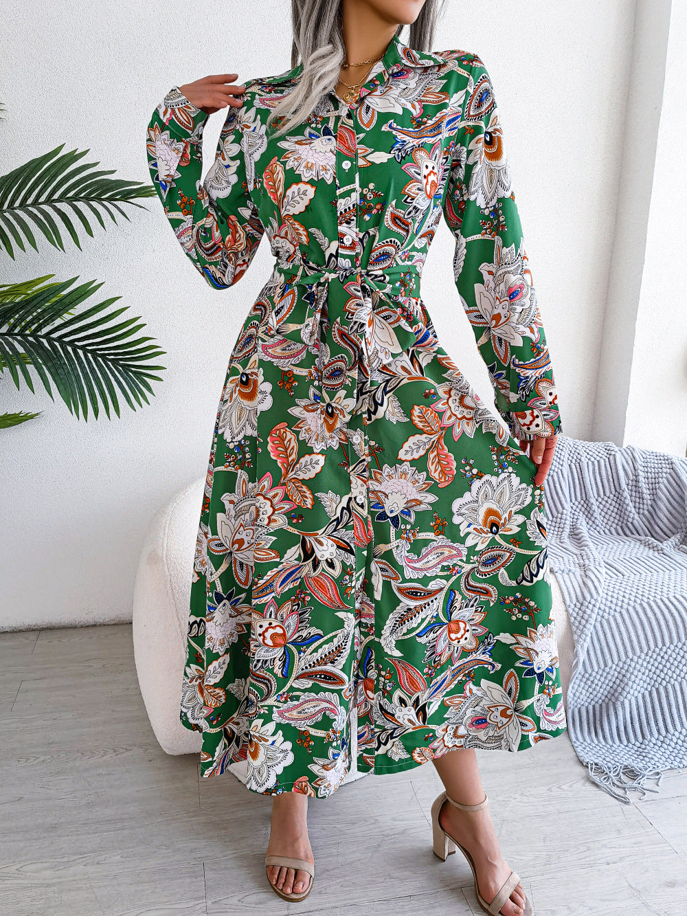 Retro Floral Stand Collar Belted Shirt Dress Long Skirt Women's Fashion Full Sleeve Regular Waistline Ankle-Length
