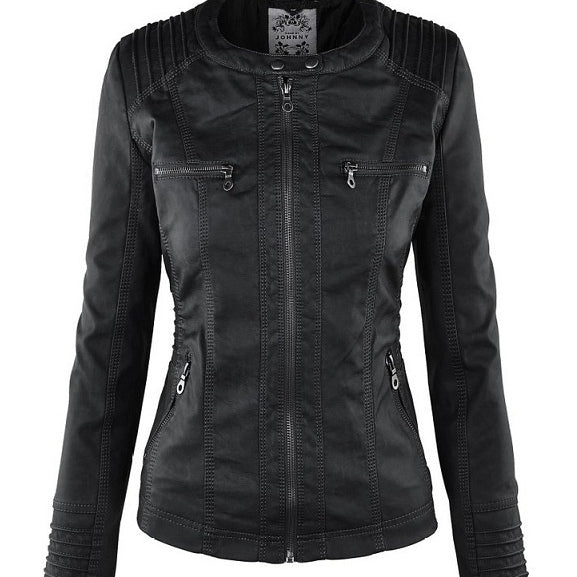 Women's Detachable Lapel Long Sleeve Solid Color Zipper Leather Jacket Coat