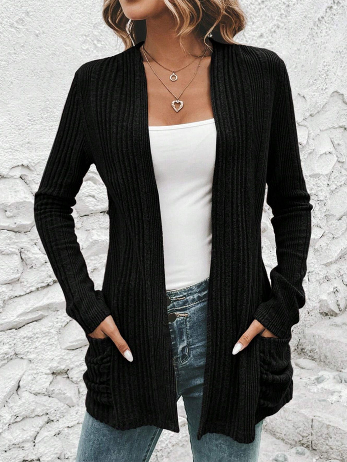 Open Front Long Sleeve Cardigan with Pockets