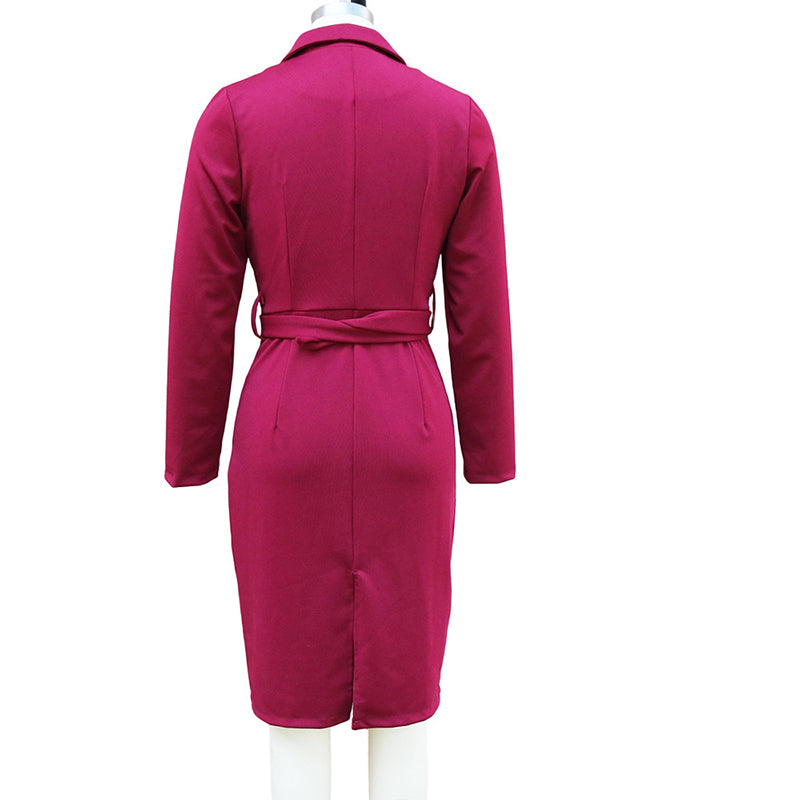 Women's Solid Color Blazer V-Neck Dress With Belt & Hem Slit - Slim Fit Formal Midi Dress For Spring&Fall