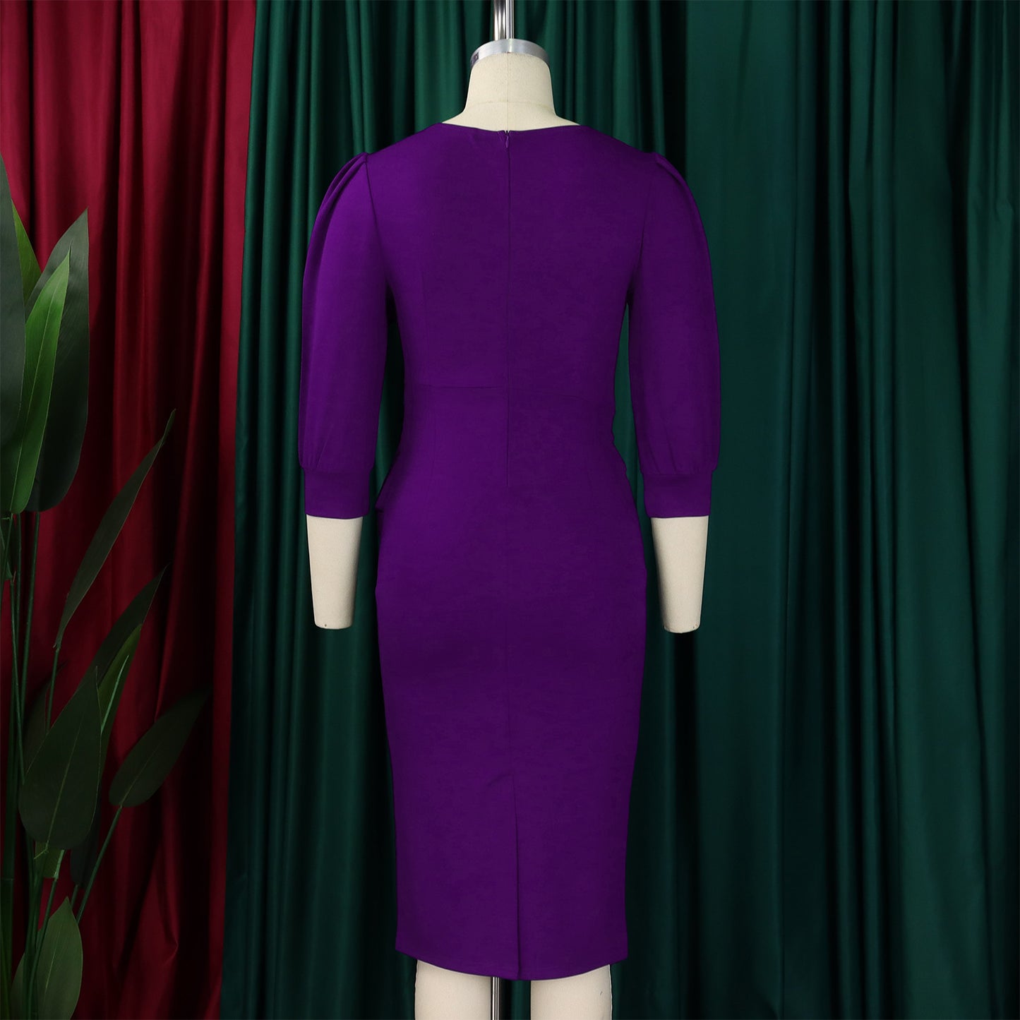 Women's Bodycon Pencil Dress Round Neck 3 /4 th Sleeve Peplum Office Dress - Free USA Shipping