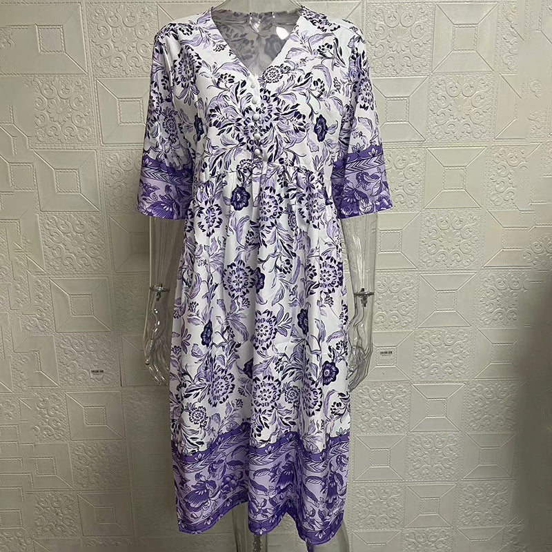 Women's Plus Size V-Neck Floral Print Dress - Loose Fit Casual Spring Summer Dress - Free USA Shipping