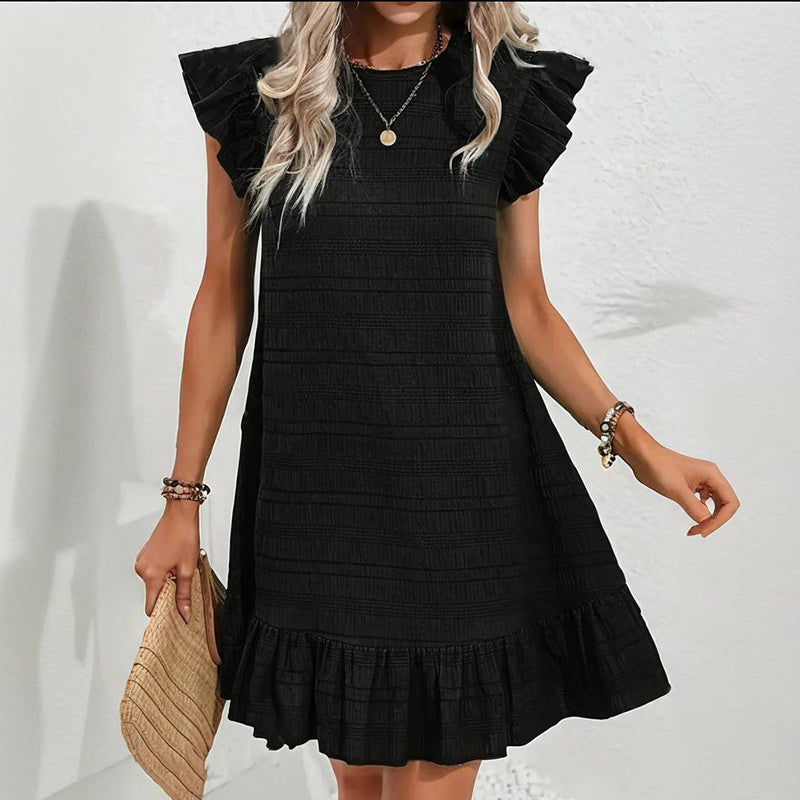 Womens Plus Size Round Neck Solid Dress Falbala Sleeveless Ruffled Summer Dress With Pleated Detail - Free USA Shipping