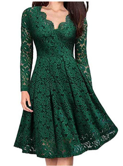 Elegant V-Neck Lace Off-Shoulder Dress – Long Sleeve Party Wear for Women