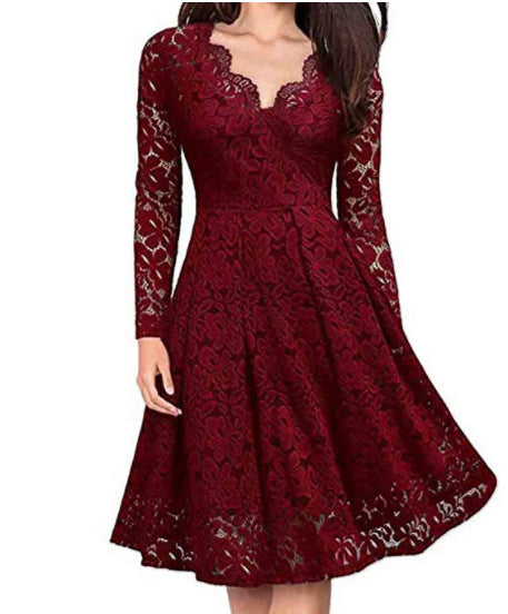Elegant V-Neck Lace Off-Shoulder Dress – Long Sleeve Party Wear for Women