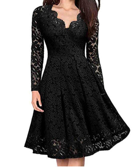 Elegant V-Neck Lace Off-Shoulder Dress – Long Sleeve Party Wear for Women