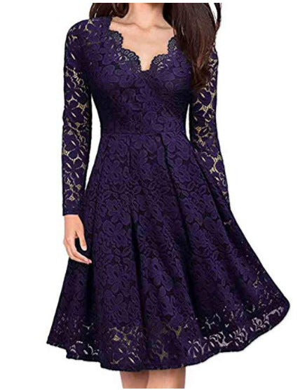 Elegant V-Neck Lace Off-Shoulder Dress – Long Sleeve Party Wear for Women