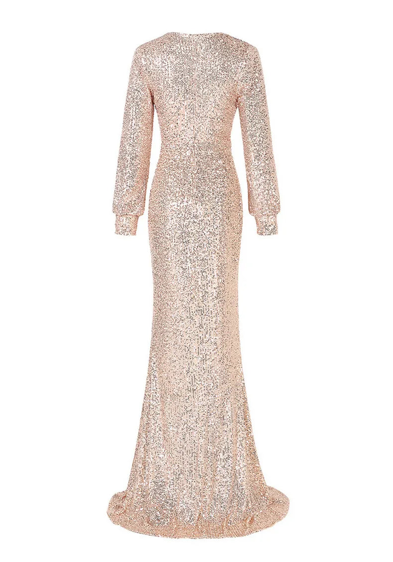 Fantasy Celebrity Sexy High Slit Long Sleeve Sequined Banquet Evening Dress Women