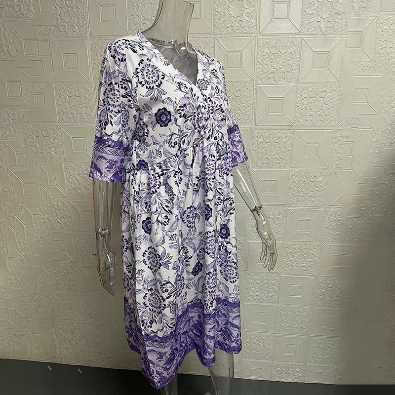 Women's Plus Size V-Neck Floral Print Dress - Loose Fit Casual Spring Summer Dress - Free USA Shipping