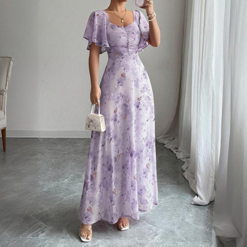 Women's Solid Color Square Neck Short Sleeve Butterfly Print Flowy Dress A-Line Summer Vacation Maxi Dress