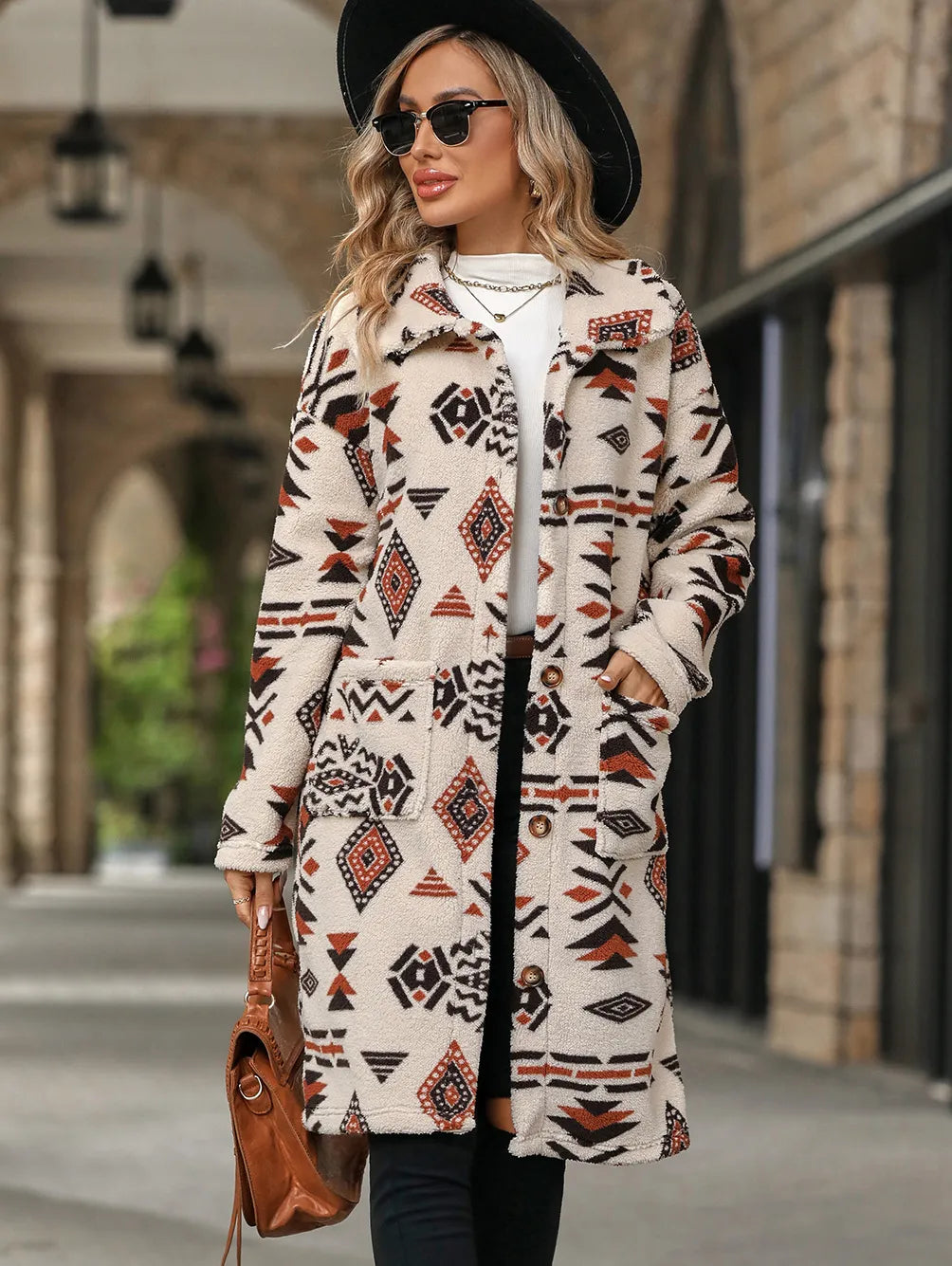 European And American Single-breasted Ethnic Print Plush Long Overcoat Outerwear