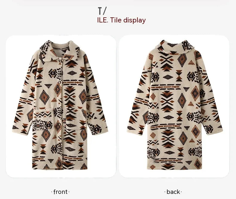 European And American Single-breasted Ethnic Print Plush Long Overcoat Outerwear